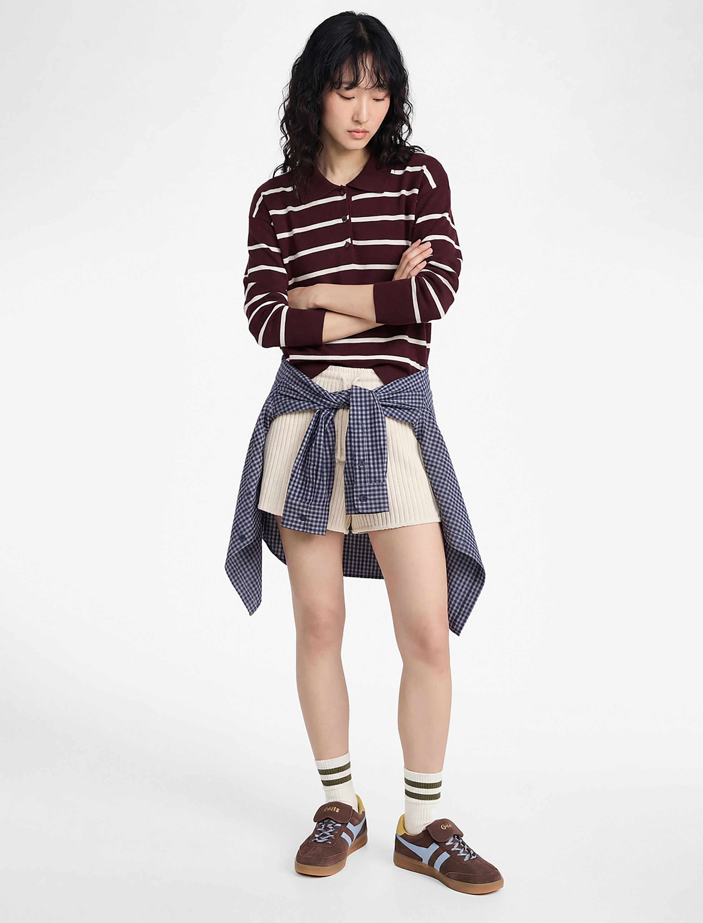   Çizgili Uzun Kollu Polo Yaka Triko Kazak