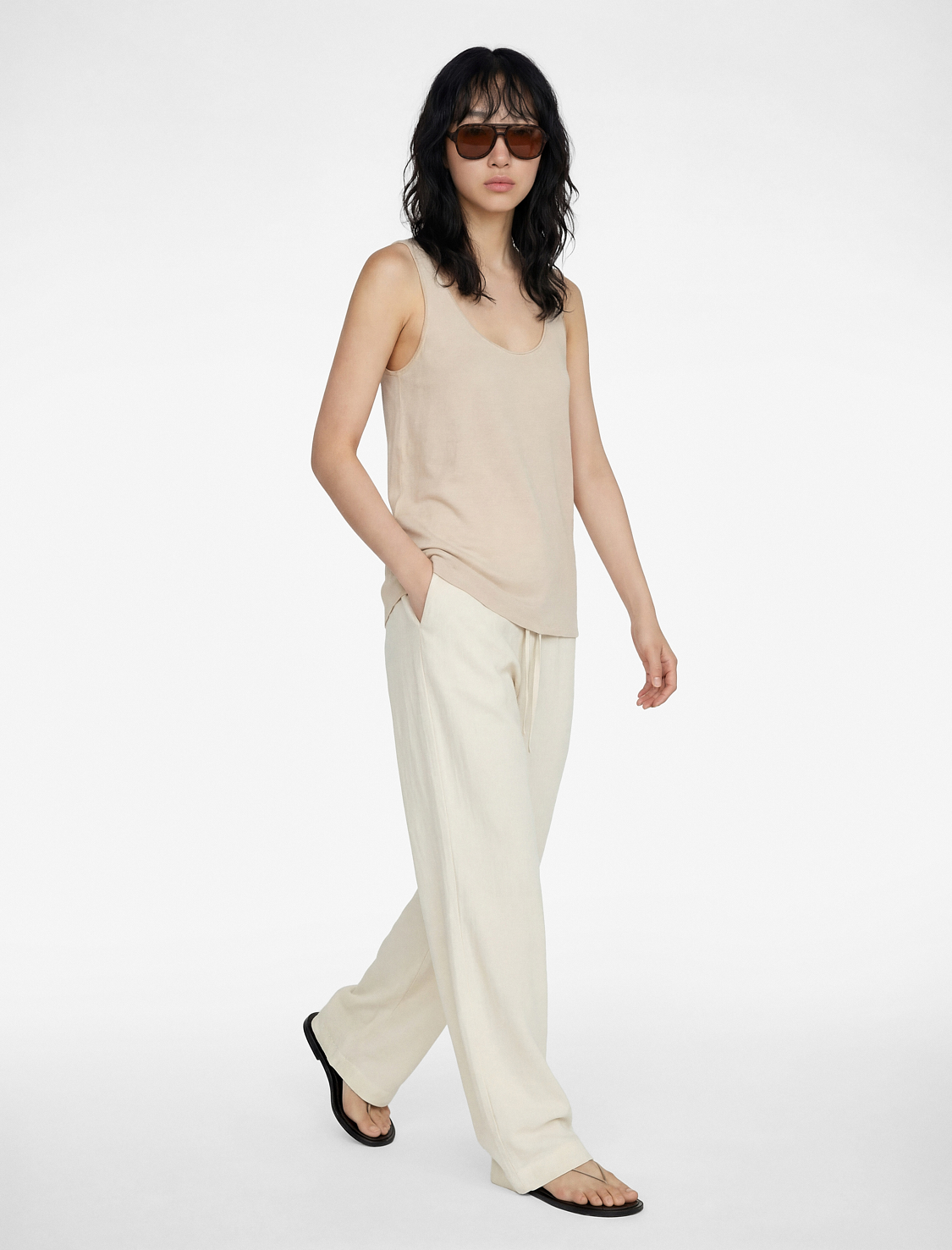   Cep Detaylı Beli Bağcıklı Geniş Paça Keten Karışımlı Pantolon