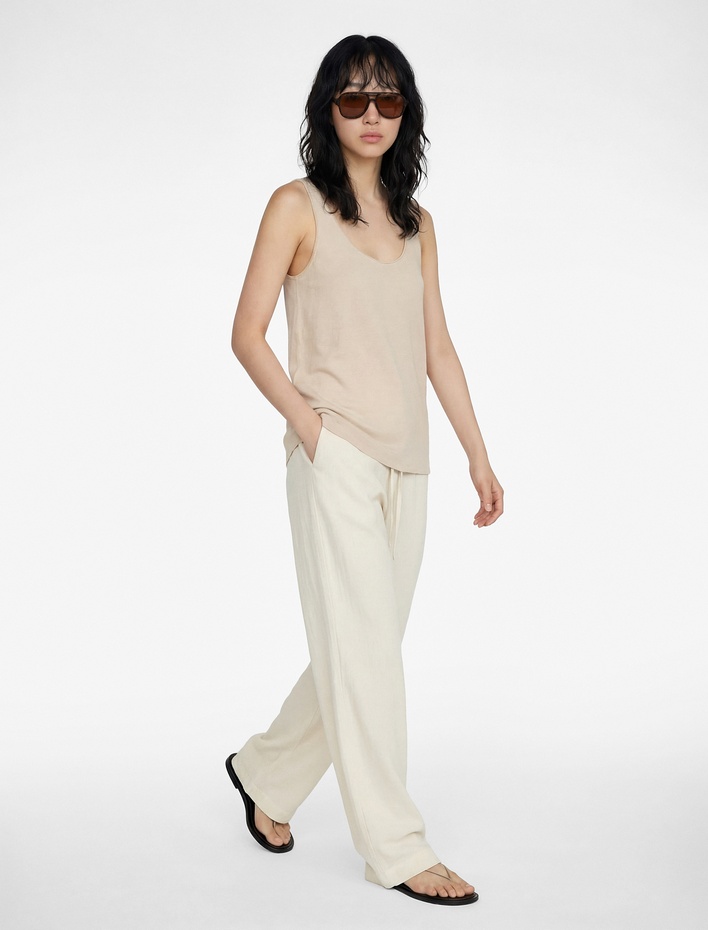  Cep Detaylı Beli Bağcıklı Geniş Paça Keten Karışımlı Pantolon