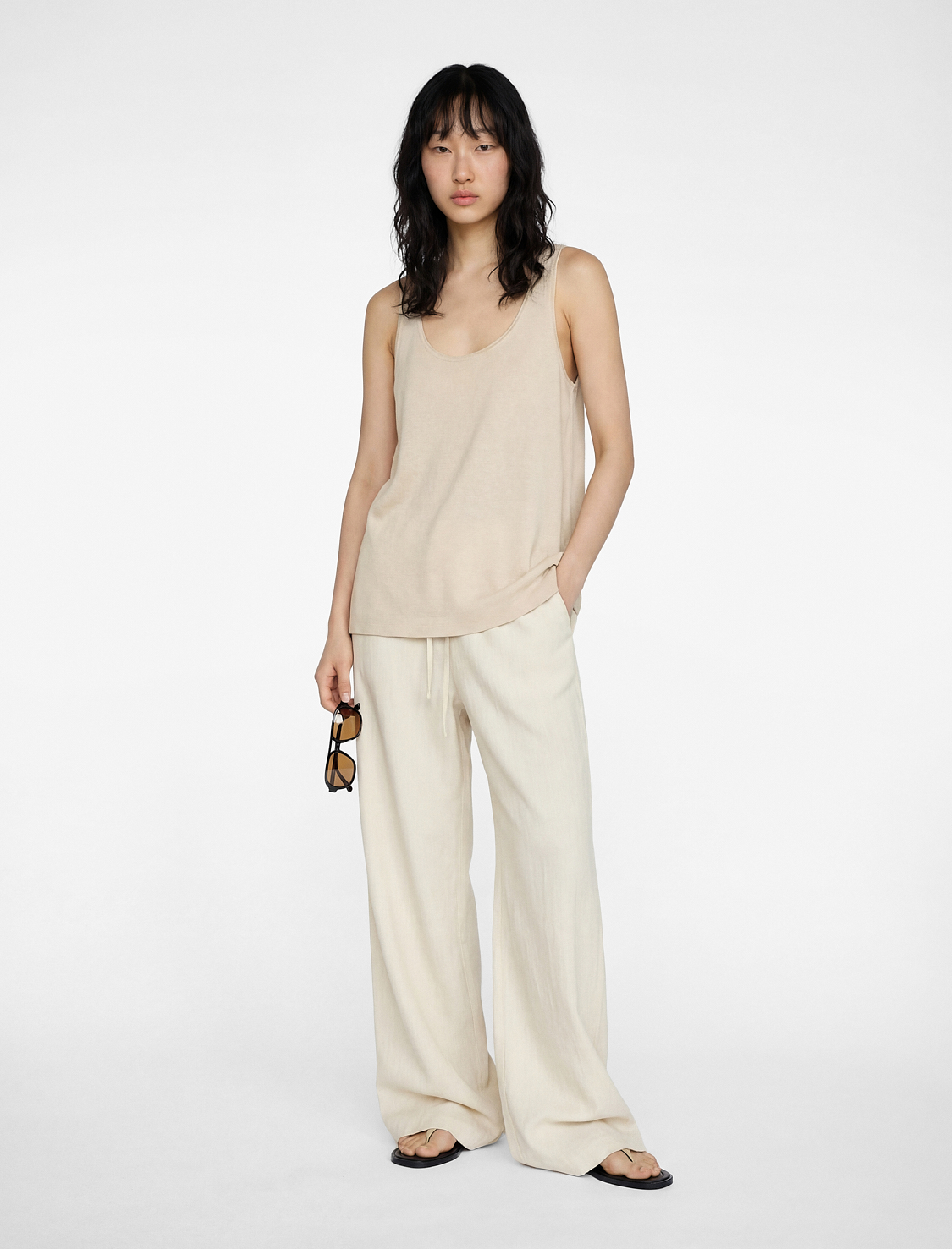   Cep Detaylı Beli Bağcıklı Geniş Paça Keten Karışımlı Pantolon