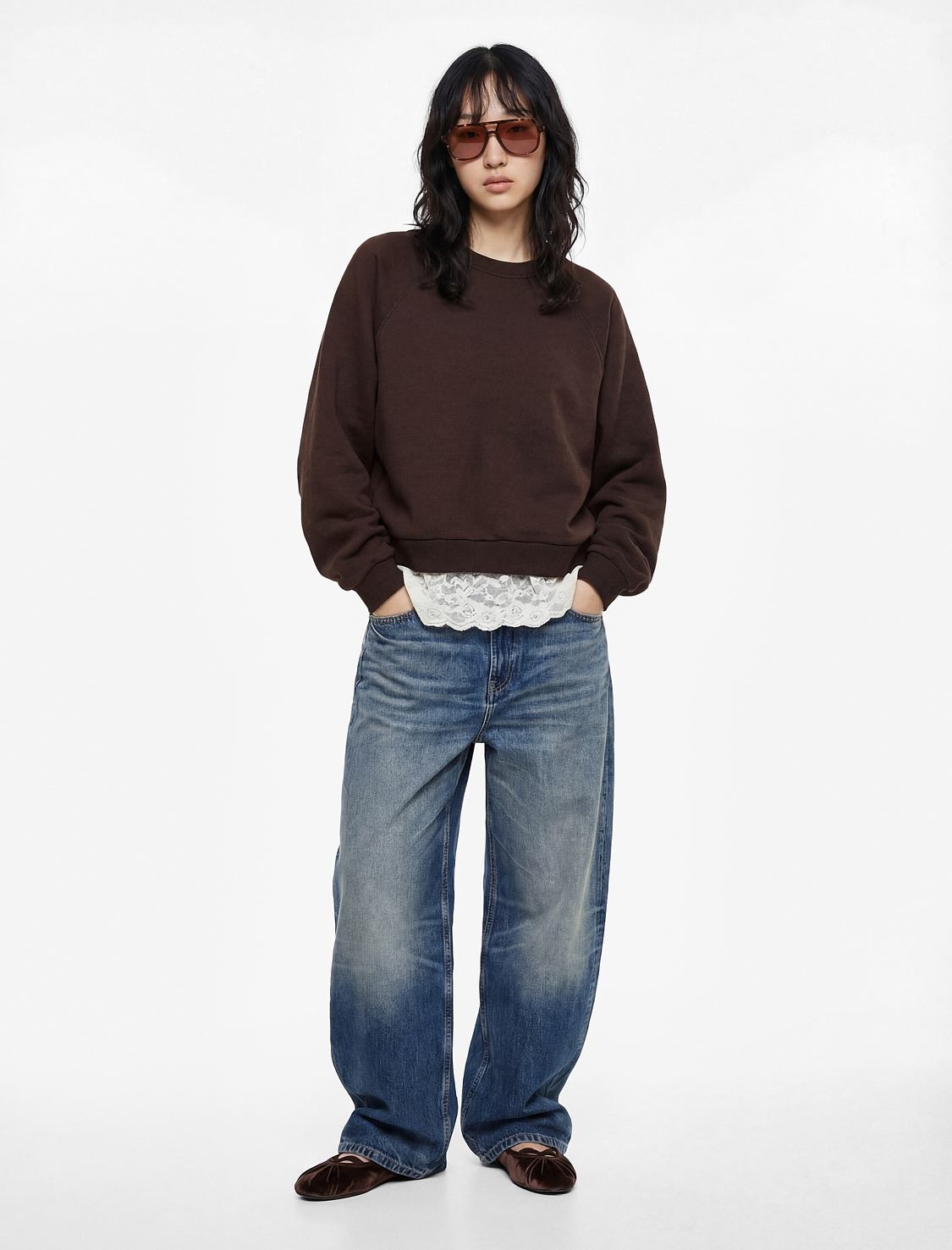   Dantel Detaylı Uzun Kollu Bisiklet Yaka Oversize Sweatshirt