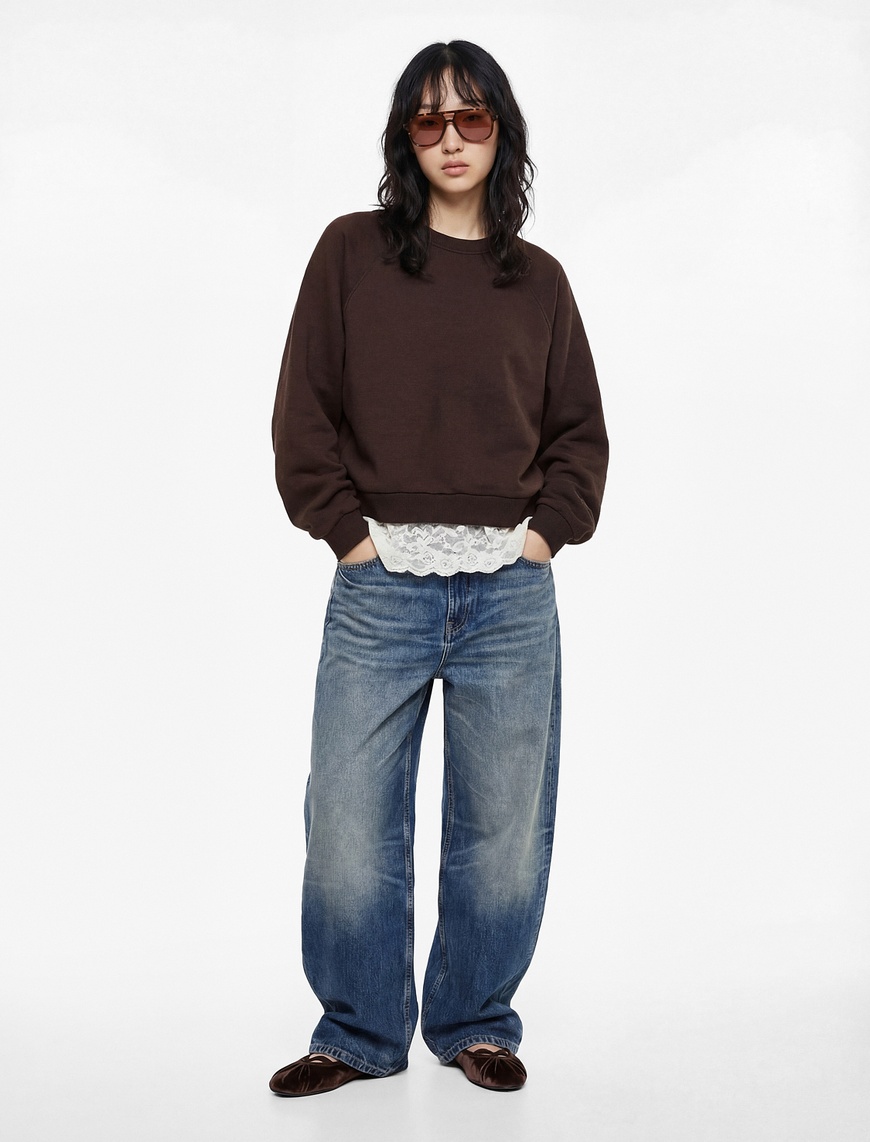 Koton Kadın Dantel Detaylı Uzun Kollu Bisiklet Yaka Oversize Sweatshirt