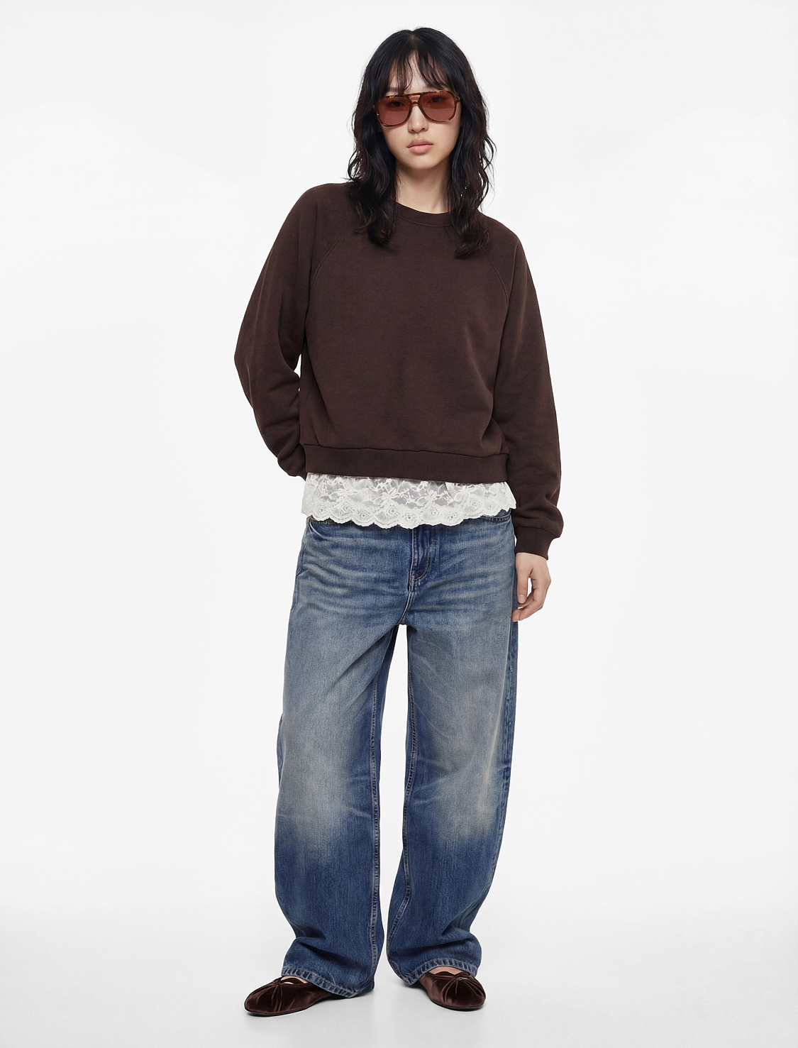   Dantel Detaylı Uzun Kollu Bisiklet Yaka Oversize Sweatshirt