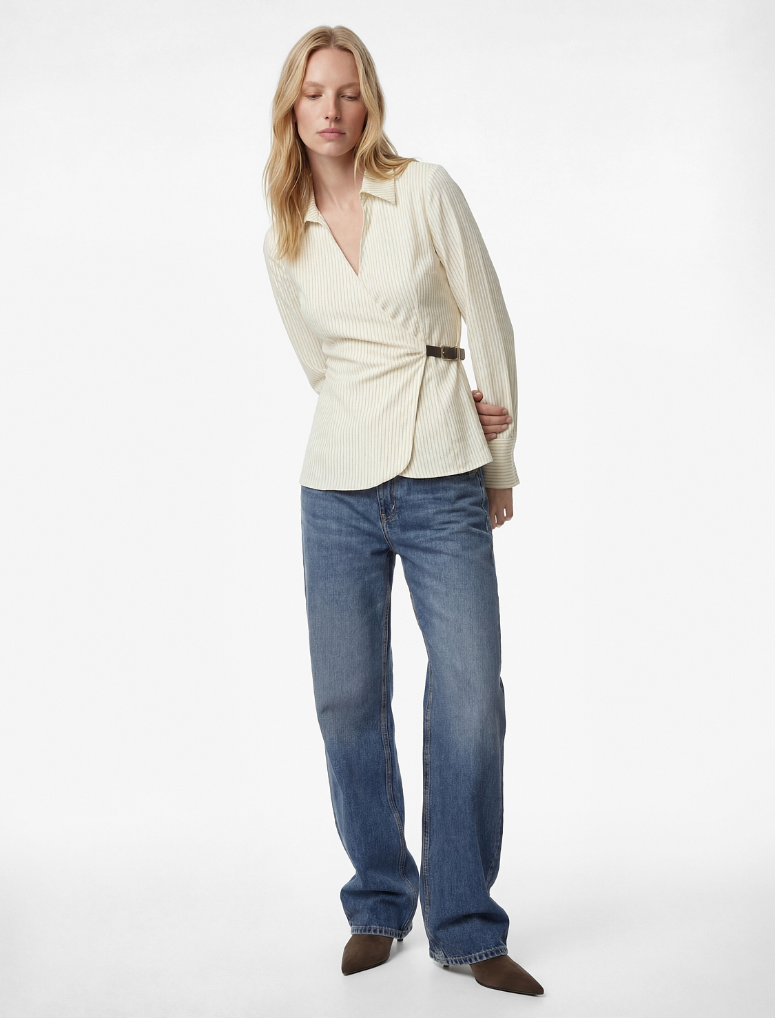   Yarım Kemer Detaylı Uzun Kollu Kruvaze Çizgili Gömlek