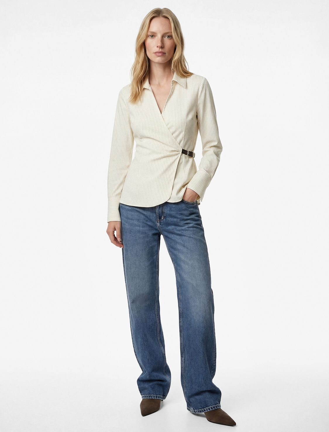   Yarım Kemer Detaylı Uzun Kollu Kruvaze Çizgili Gömlek