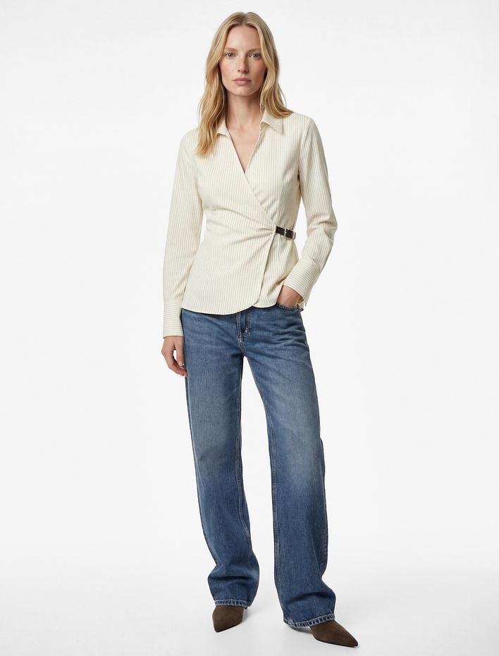  Yarım Kemer Detaylı Uzun Kollu Kruvaze Çizgili Gömlek