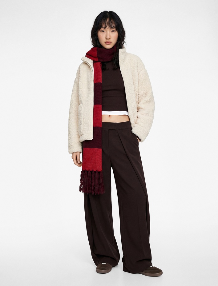  Fermuarlı Dik Yaka Uzun Kollu Peluş Ceket