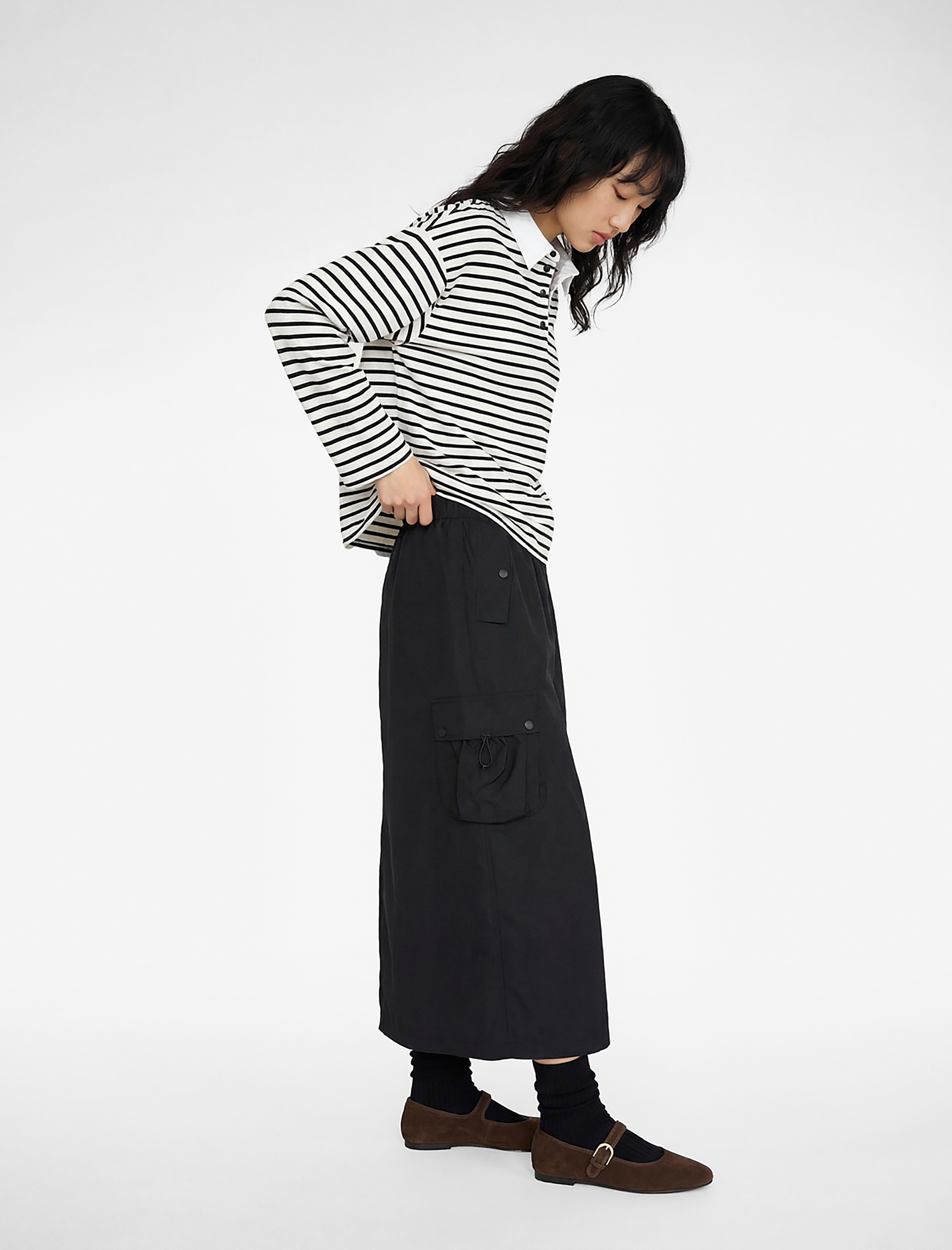   Uzun Kollu Düğmeli Polo Yaka Çizgili Oversize Tişört