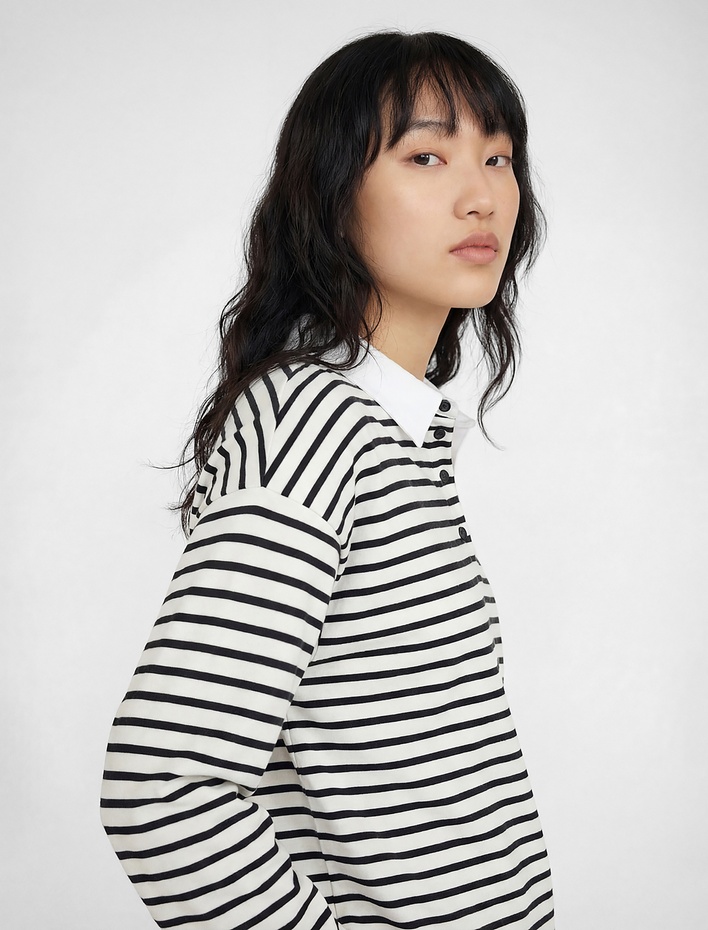  Uzun Kollu Düğmeli Polo Yaka Çizgili Oversize Tişört