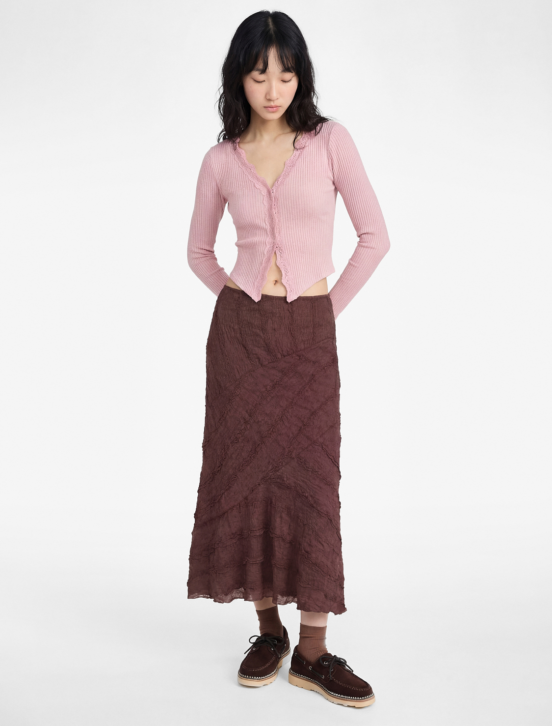   V Yaka Dantel Detaylı Uzun Kollu Slim Fit Tişört