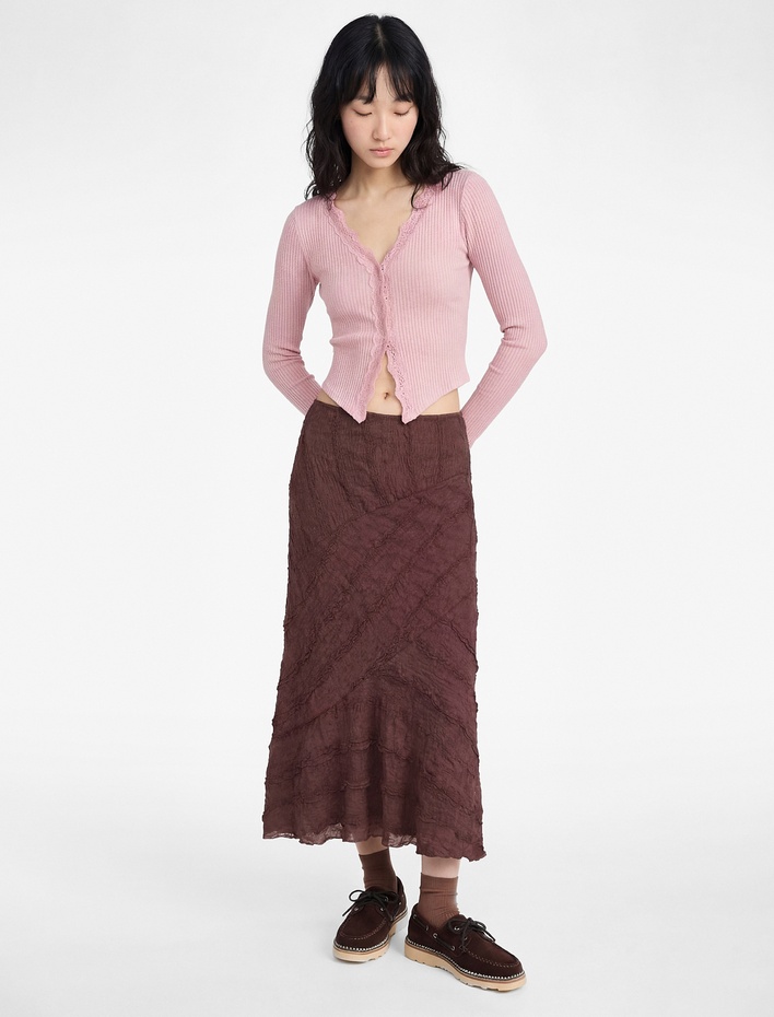  V Yaka Dantel Detaylı Uzun Kollu Slim Fit Tişört