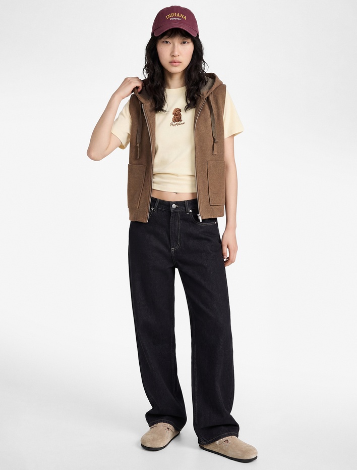  Viskon Karışımlı Kapüşonlu Kolsuz Cep Detaylı Fermuarlı Hırka