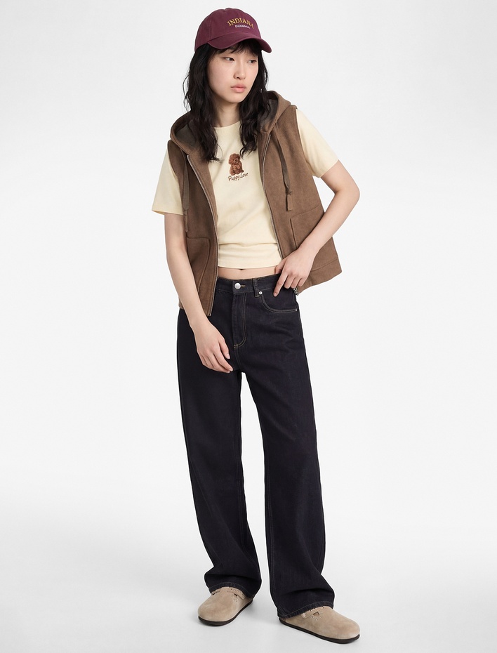  Viskon Karışımlı Kapüşonlu Kolsuz Cep Detaylı Fermuarlı Hırka