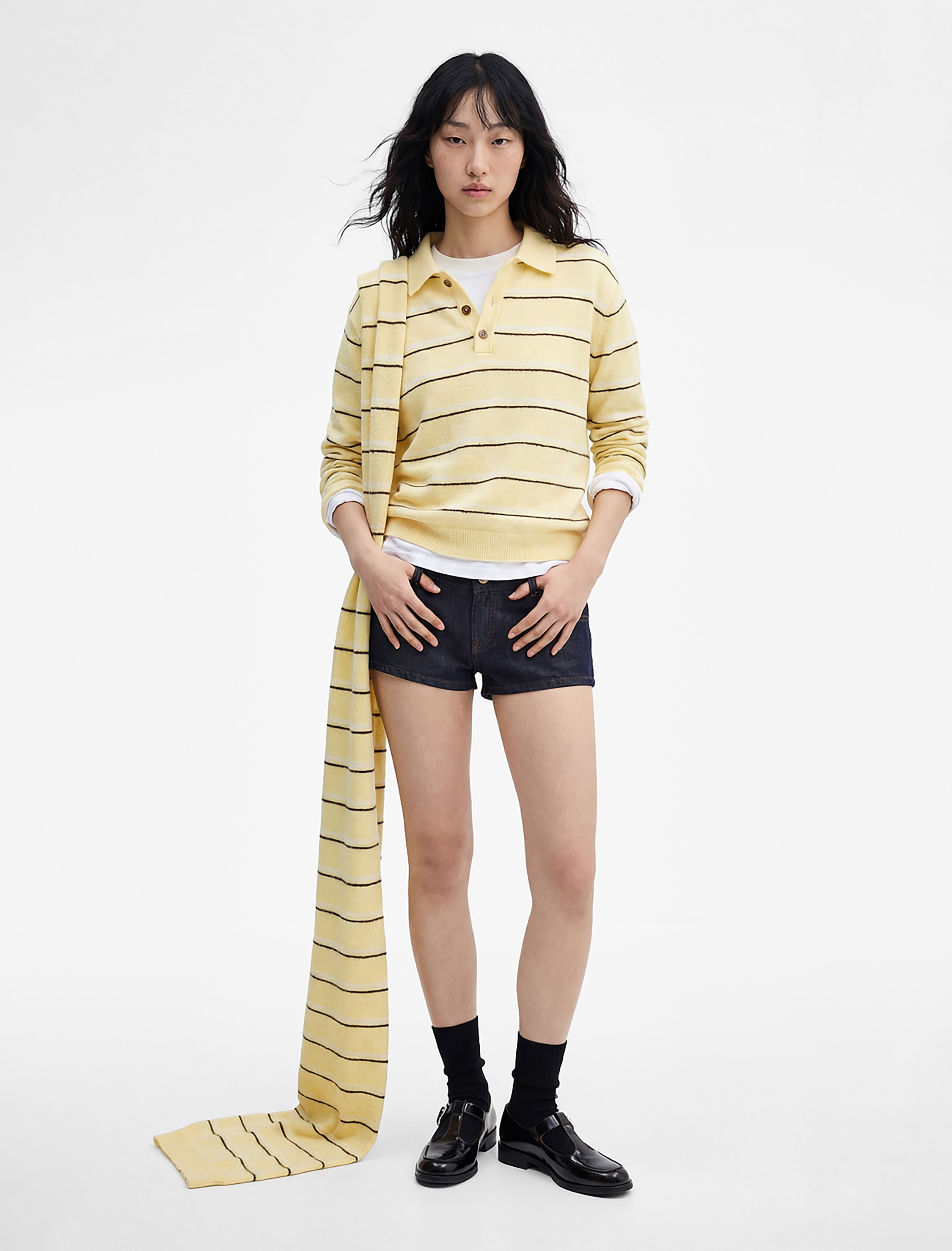   Düğmeli Polo Yaka Uzun Kollu Çizgili Kazak