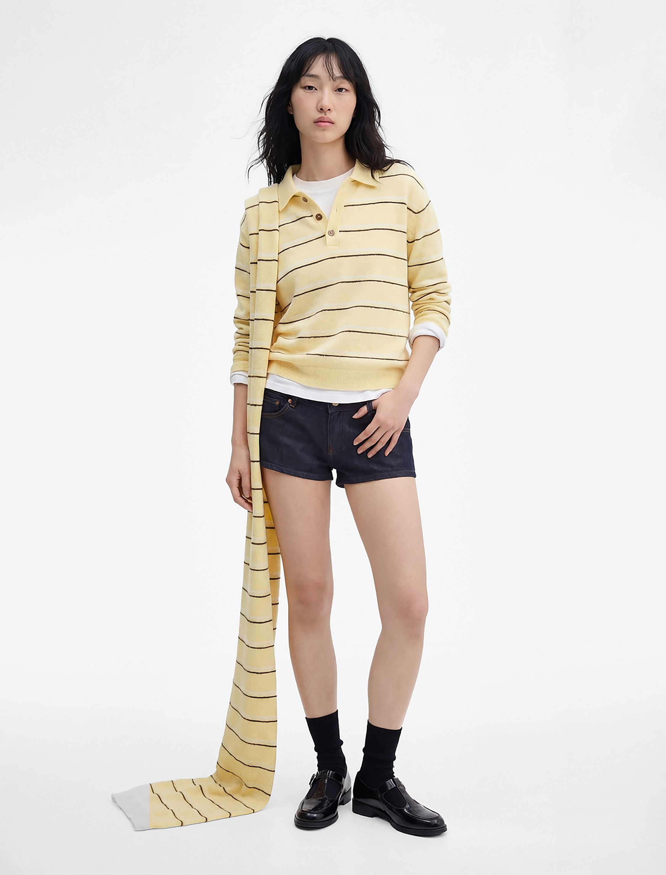   Düğmeli Polo Yaka Uzun Kollu Çizgili Kazak