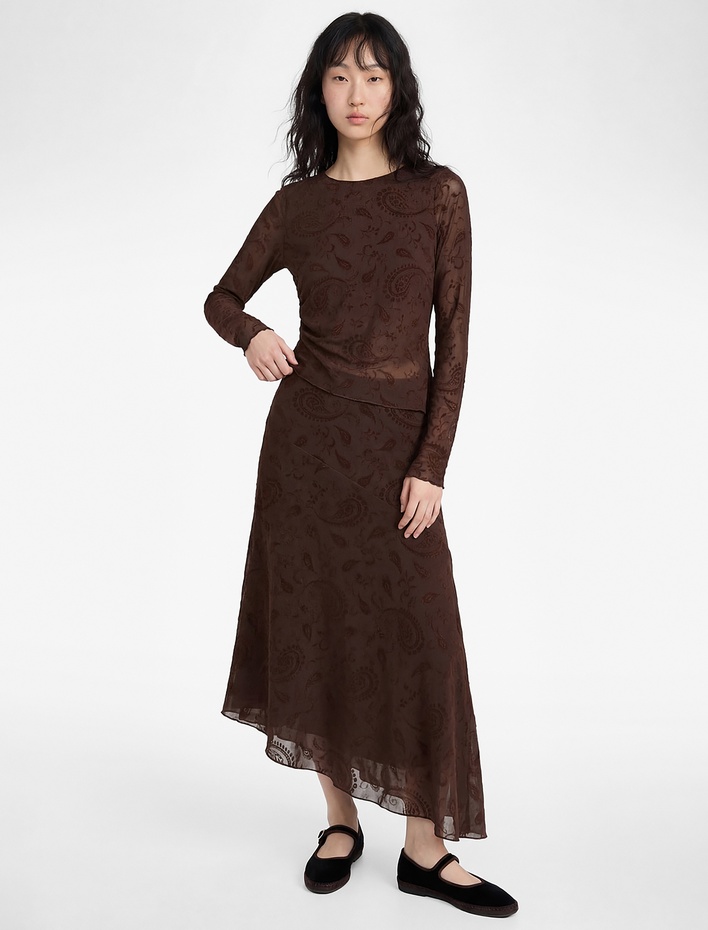  Şal Desenli Asimetrik Midi Etek