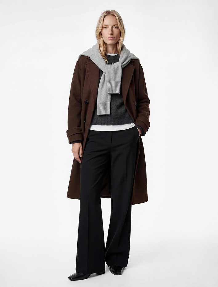  Uzun Kollu Düğmeli Cepli Kruvaze Uzun Oversize Kaşe Kaban