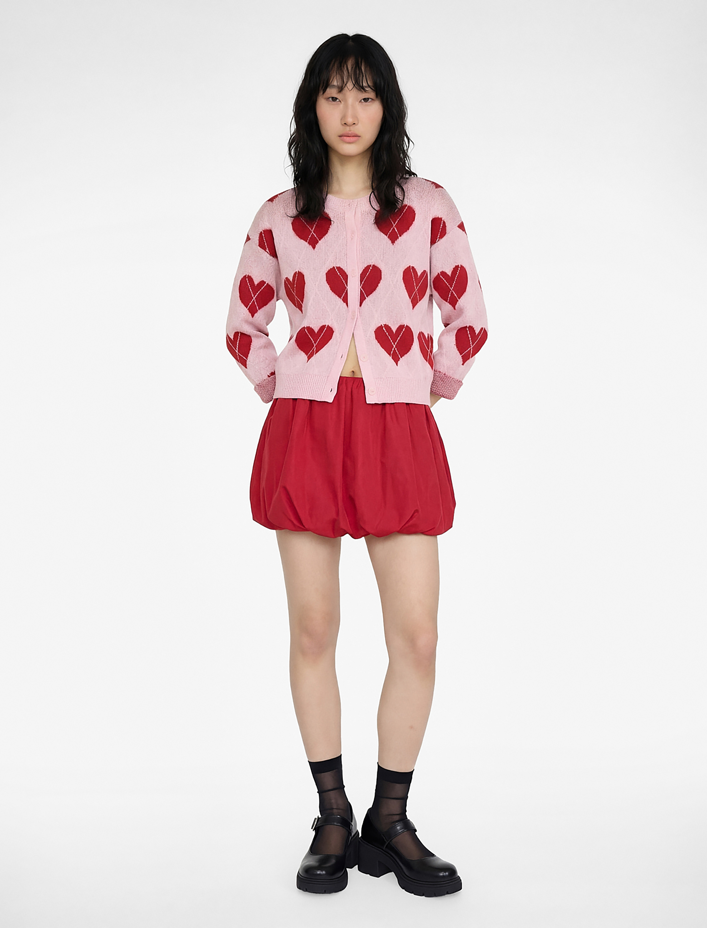   Düğmeli Uzun Kollu Bisiklet Yaka Kalpli Hırka