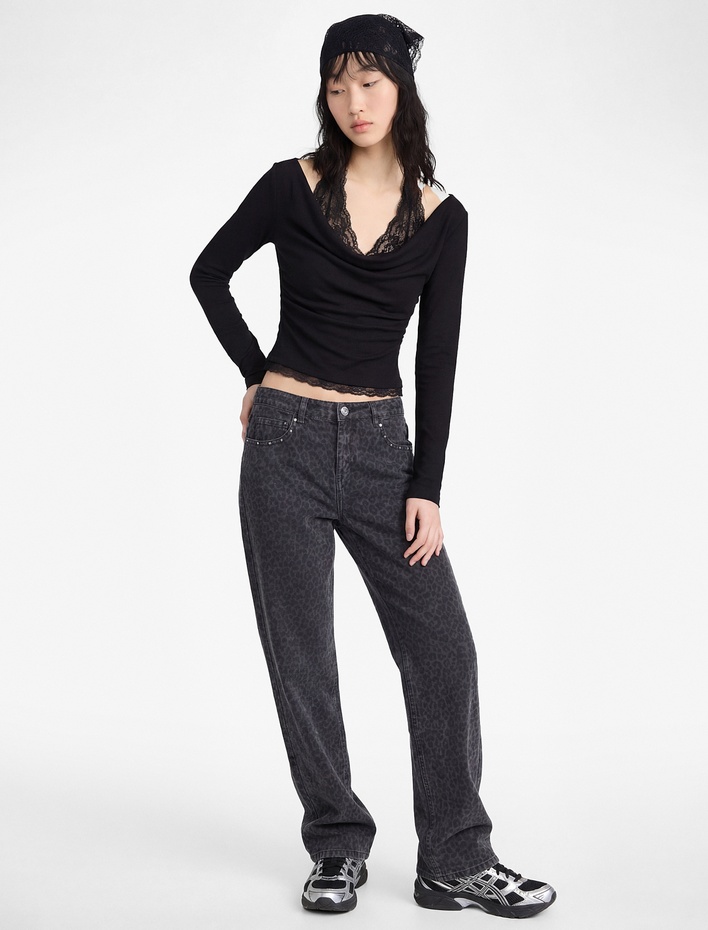  Halter Yaka Dantel Detaylı Slim Fit Uzun Kollu Tişört