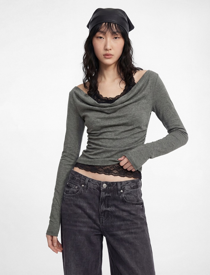  Halter Yaka Dantel Detaylı Slim Fit Uzun Kollu Tişört