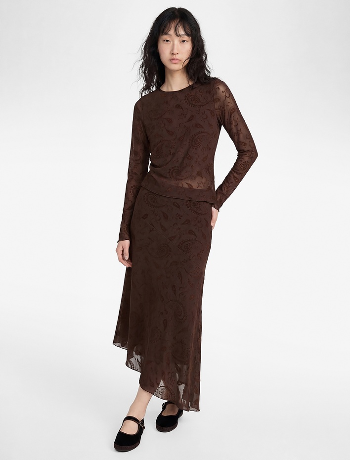  Asimetrik Uzun Kollu Bisiklet Yaka Şal Desenli Tül Tişört