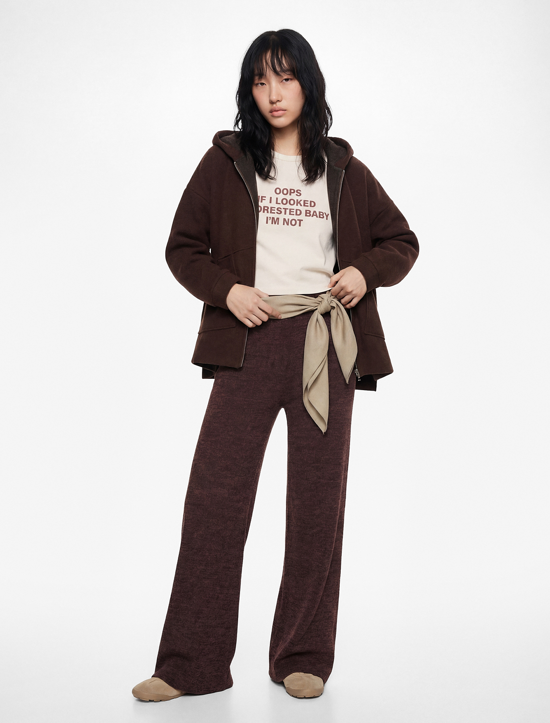   Kaşe Uzun Kollu Kapüşonlu Cep Detaylı Oversize Fermuarlı Sweatshirt