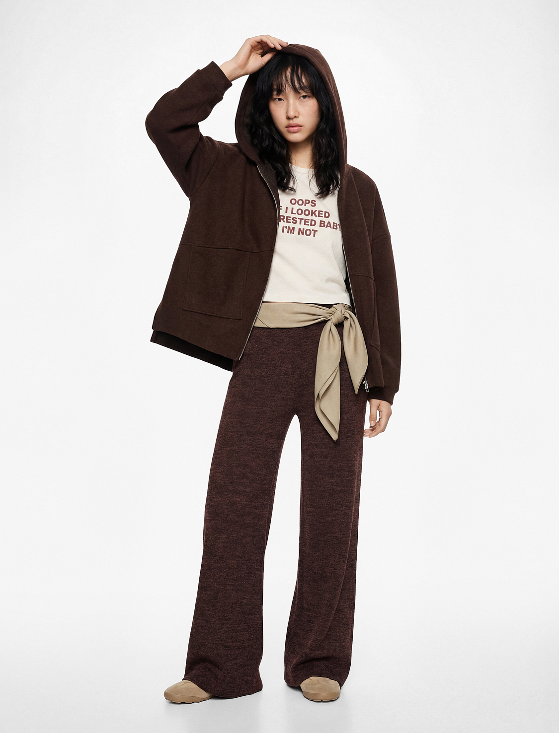   Kaşe Uzun Kollu Kapüşonlu Cep Detaylı Oversize Fermuarlı Sweatshirt