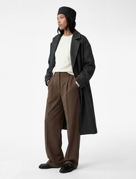 Uzun Kollu Düğmeli Cepli Kruvaze Uzun Oversize Kaşe Kaban