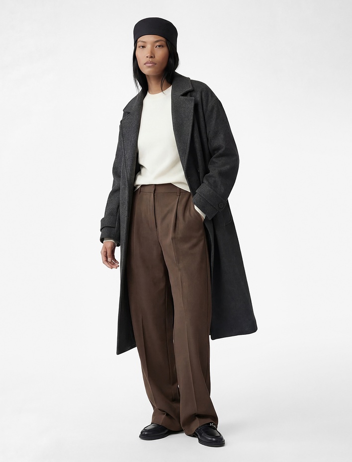  Uzun Kollu Düğmeli Cepli Kruvaze Uzun Oversize Kaşe Kaban