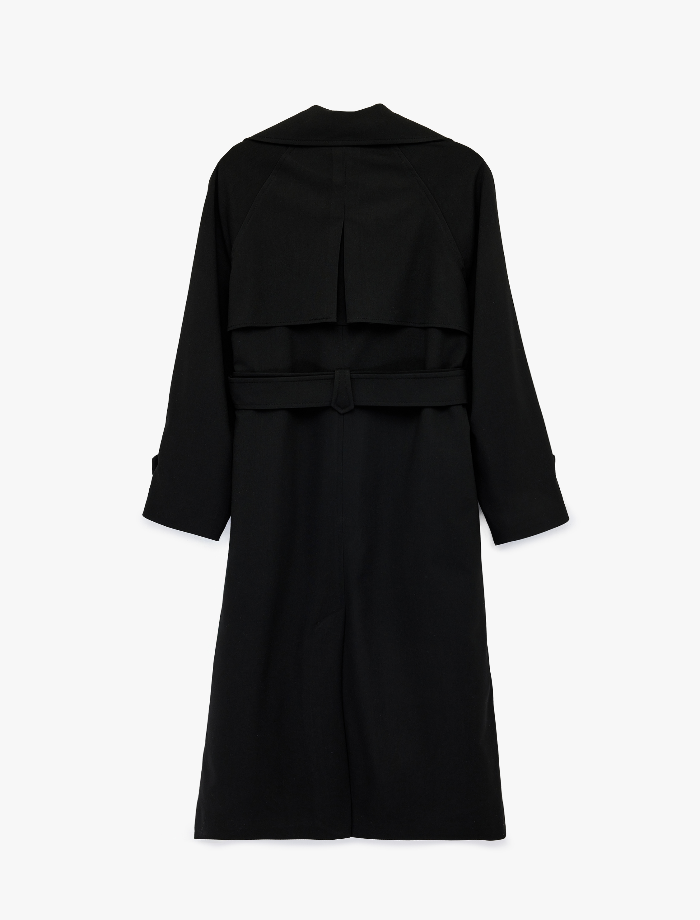   Uzun Kollu Düğmeli Cepli Kruvaze Kemerli Gabardin Trençkot