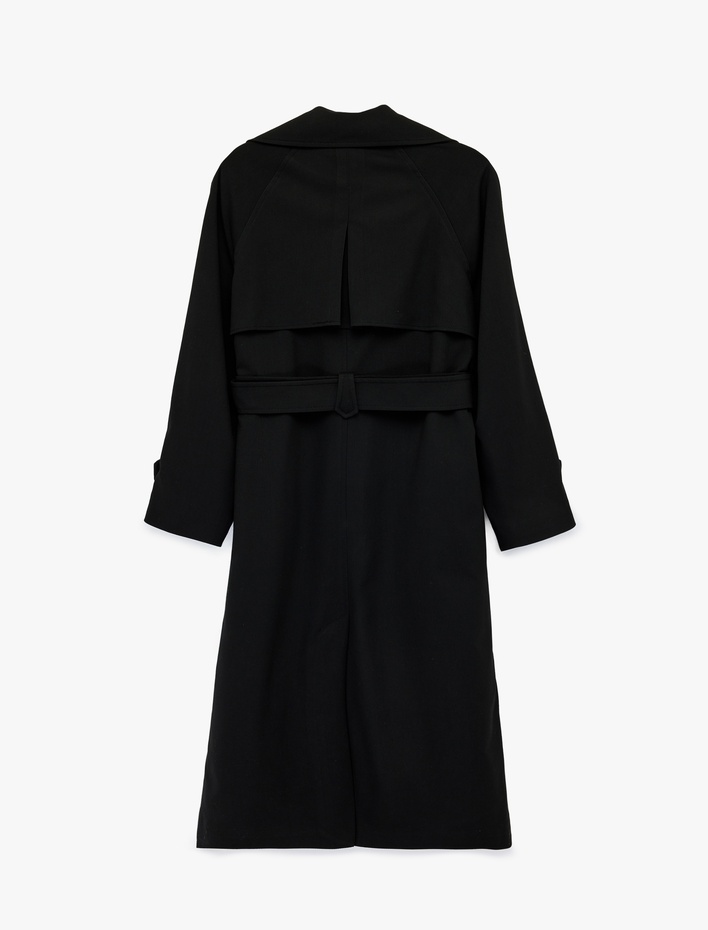  Uzun Kollu Düğmeli Cepli Kruvaze Kemerli Gabardin Trençkot