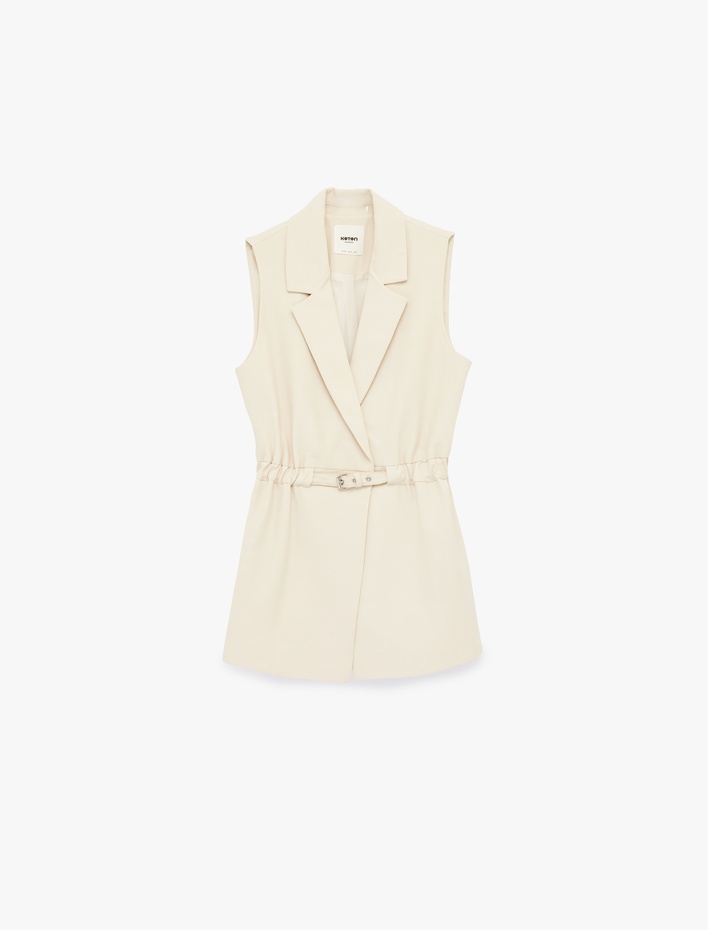  Kemerli Kolsuz Viskon Karışımlı Kruvaze Yaka Yelek