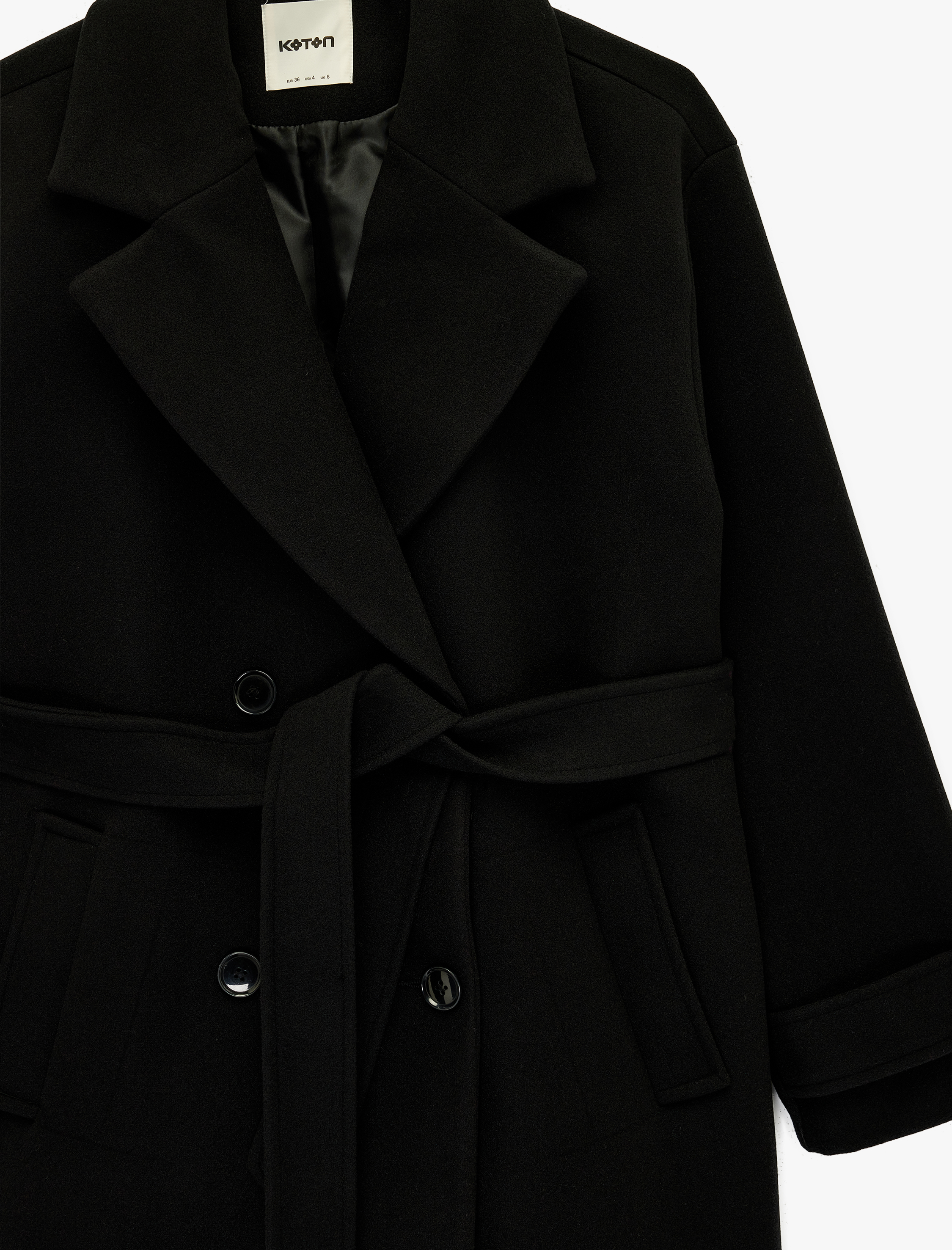   Kemerli Kaşe Kaban Kruvaze Düğmeli Cepli Uzun Kollu