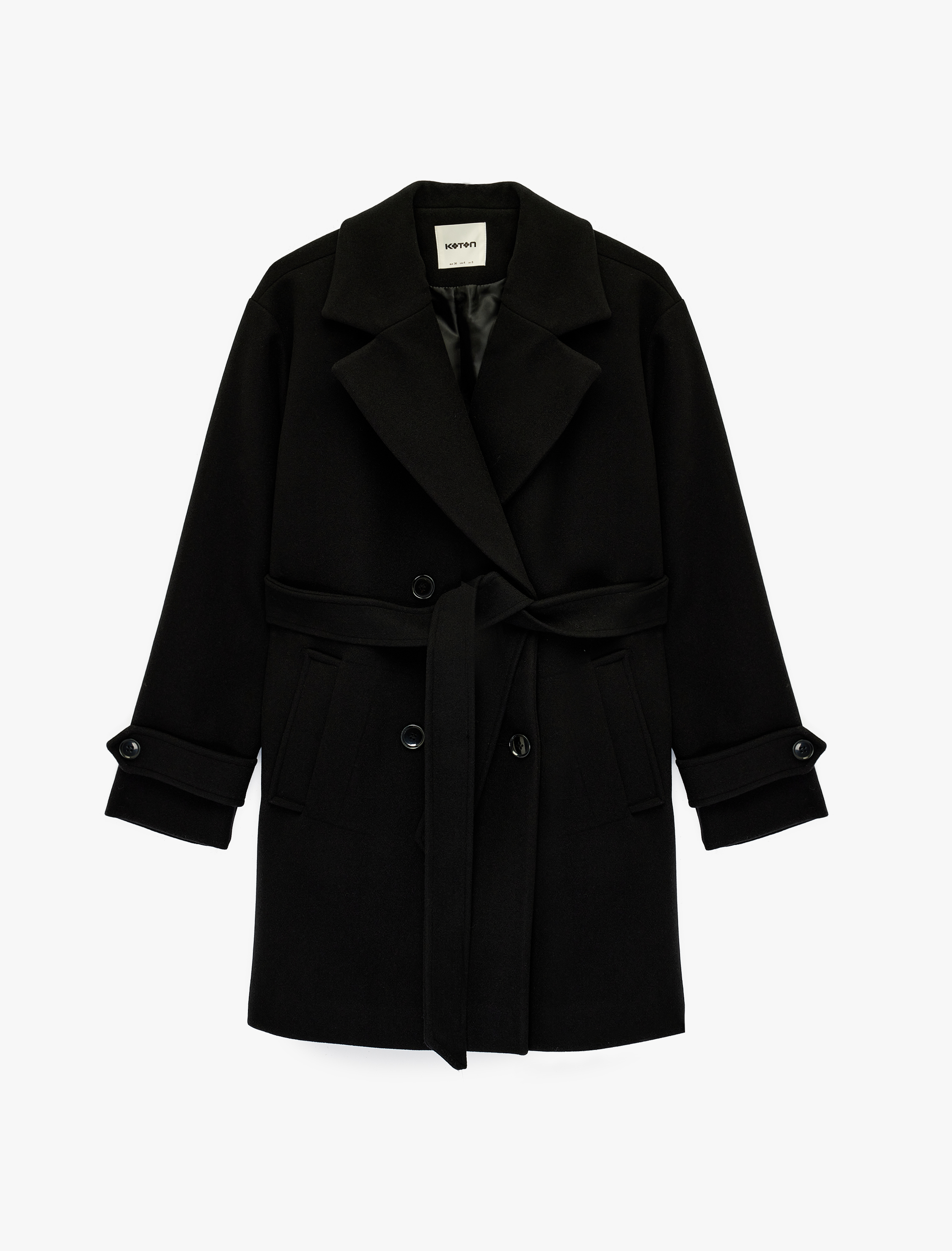   Kemerli Kaşe Kaban Kruvaze Düğmeli Cepli Uzun Kollu