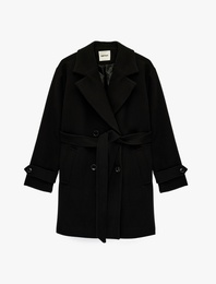 Kemerli Kaşe Kaban Kruvaze Düğmeli Cepli Uzun Kollu