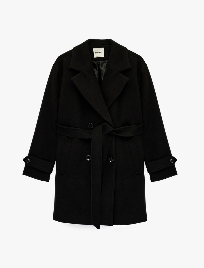  Kemerli Kaşe Kaban Kruvaze Düğmeli Cepli Uzun Kollu