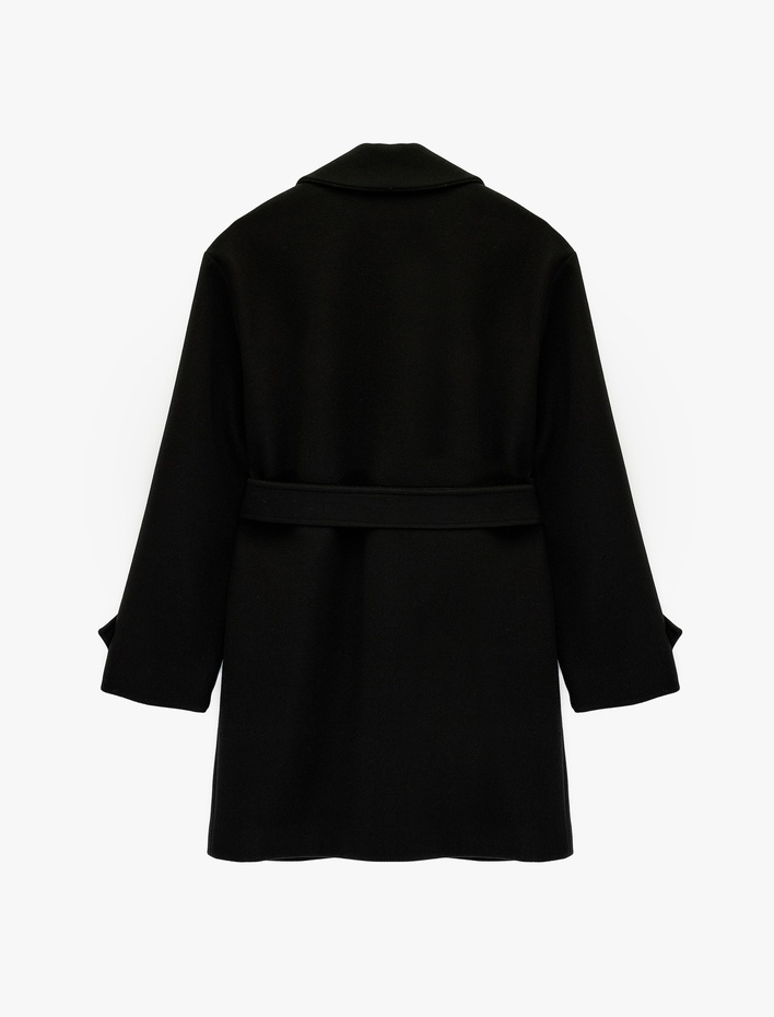  Kemerli Kaşe Kaban Kruvaze Düğmeli Cepli Uzun Kollu