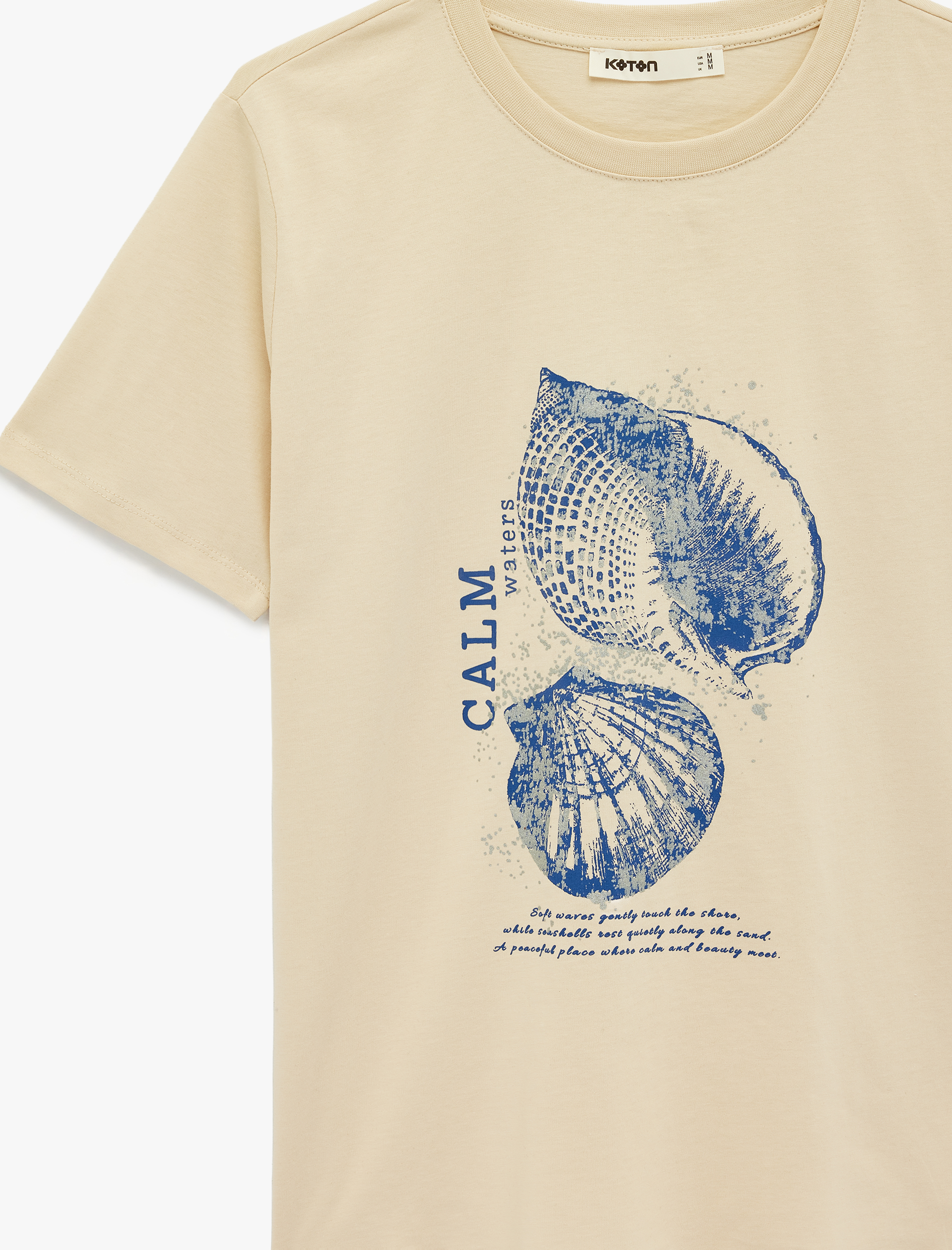   Pamuklu Kısa Kollu Bisiklet Yaka Deniz Kabuğu Baskılı Tişört