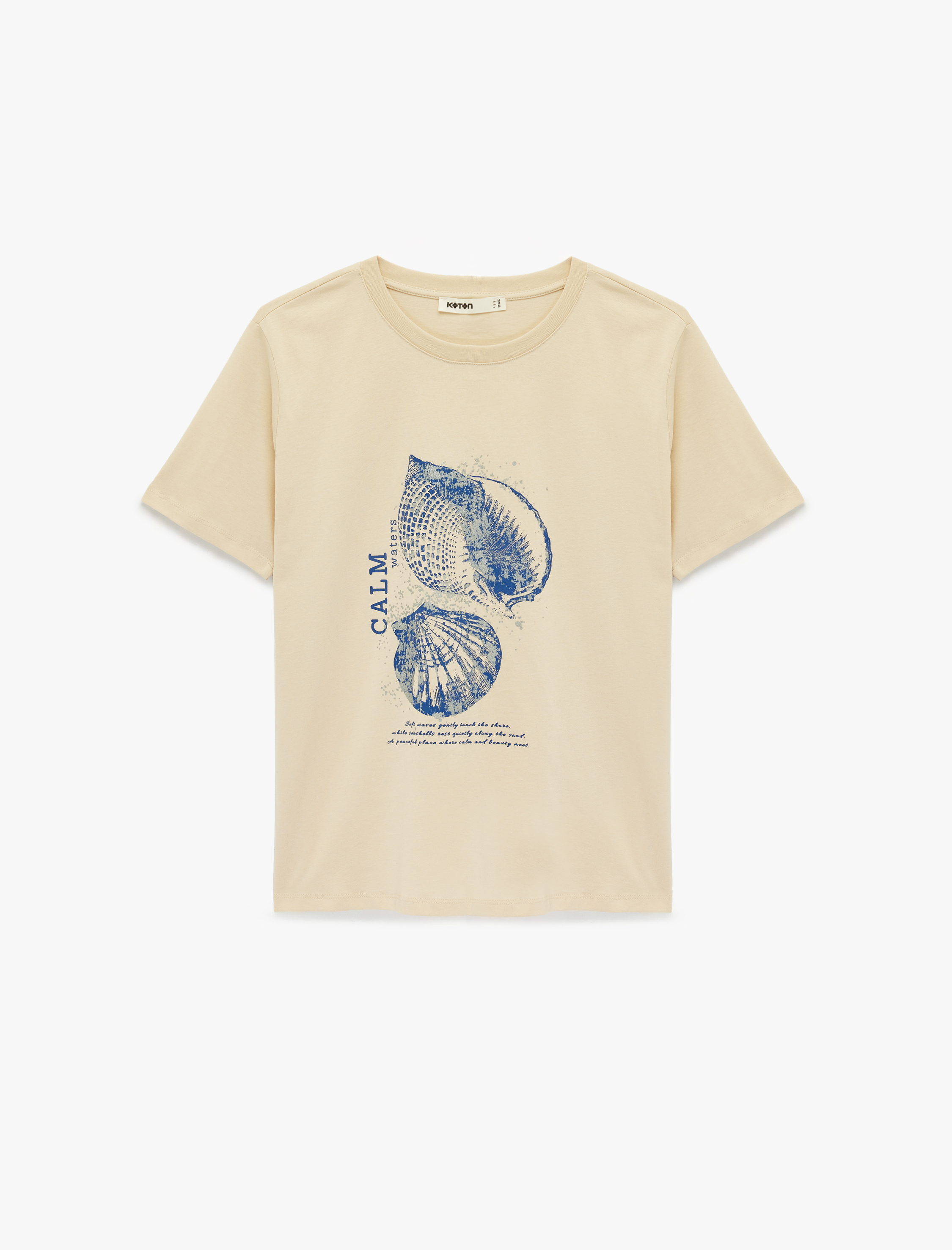   Pamuklu Kısa Kollu Bisiklet Yaka Deniz Kabuğu Baskılı Tişört