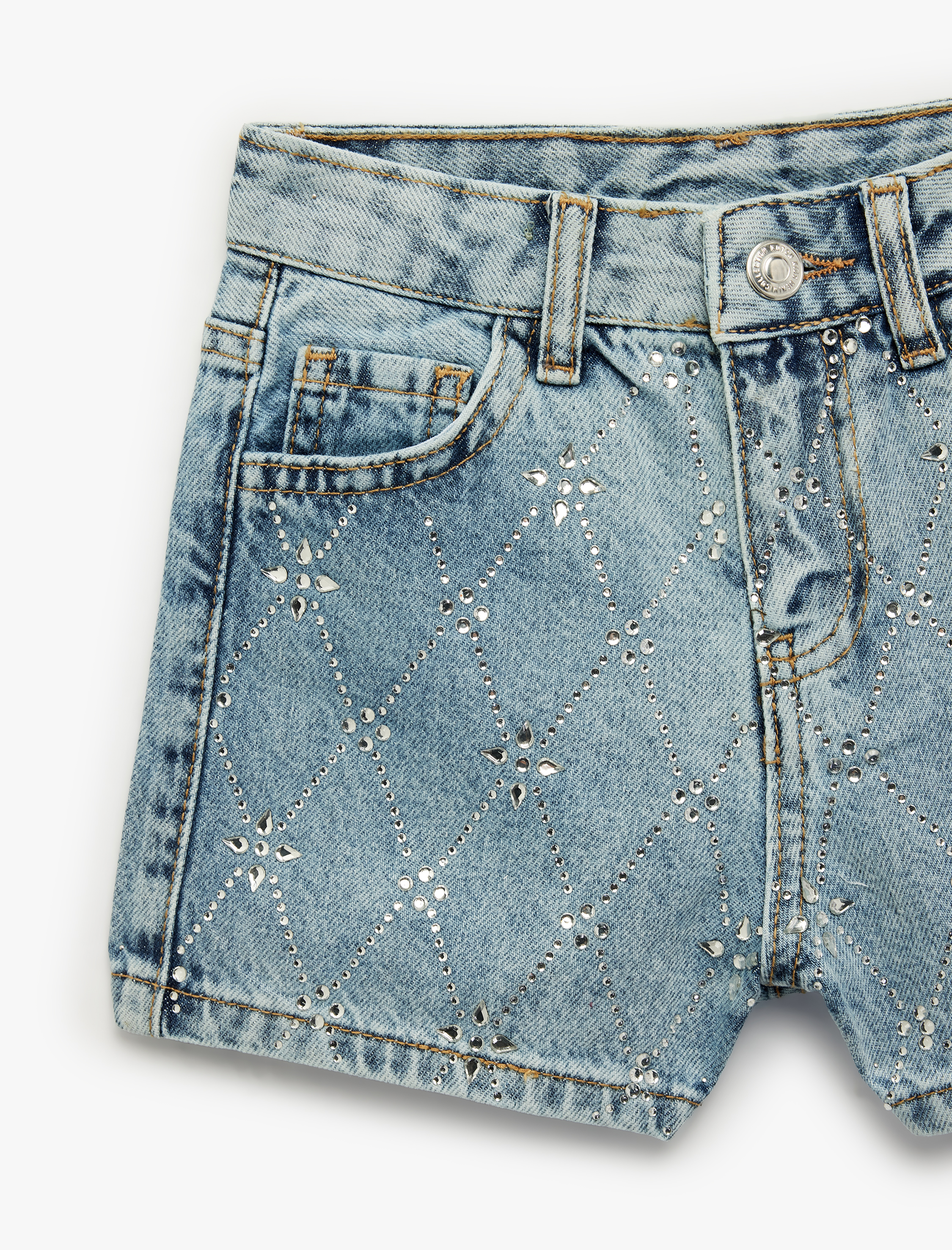  Kız Çocuk Slim Fit Pamuklu Cepli Taş Detaylı Mini Denim Şort