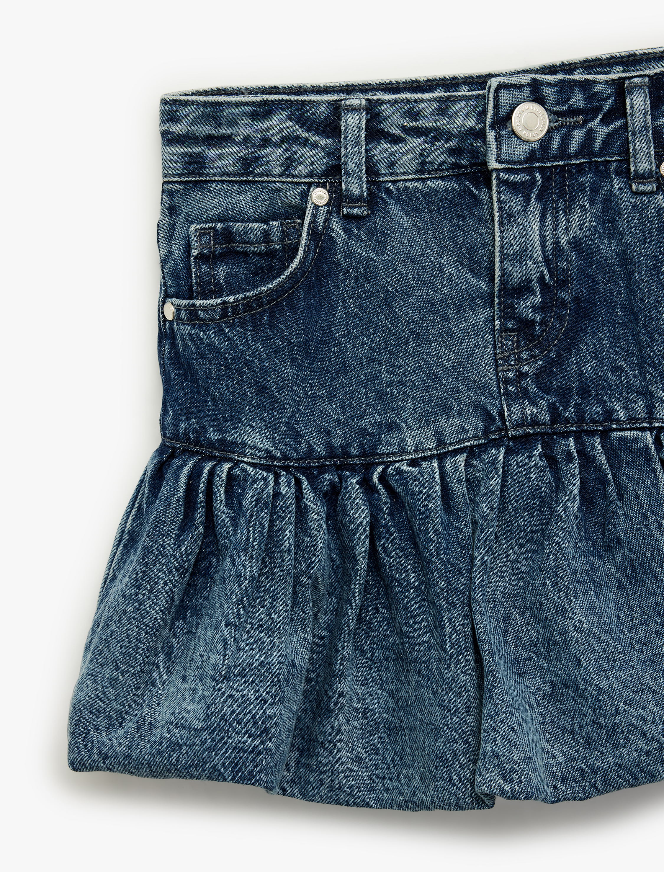  Kız Çocuk Pamuklu Düğmeli Yıpratmalı Cepli Mini Balon Denim Etek