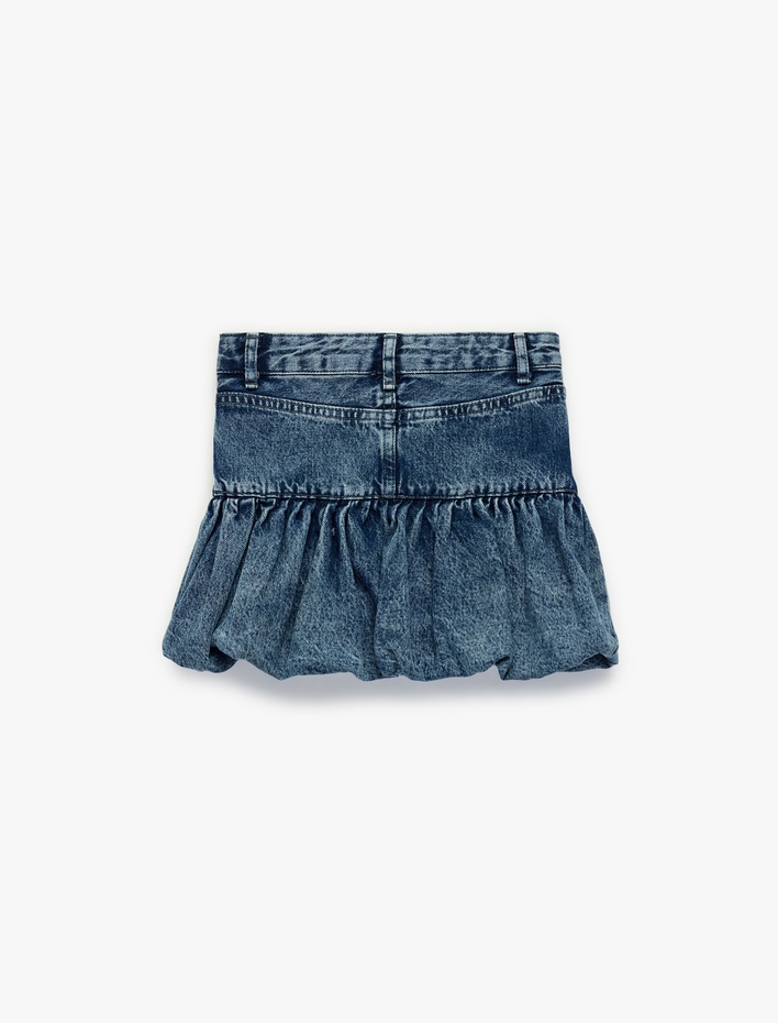 Kız Çocuk Pamuklu Düğmeli Yıpratmalı Cepli Mini Balon Denim Etek