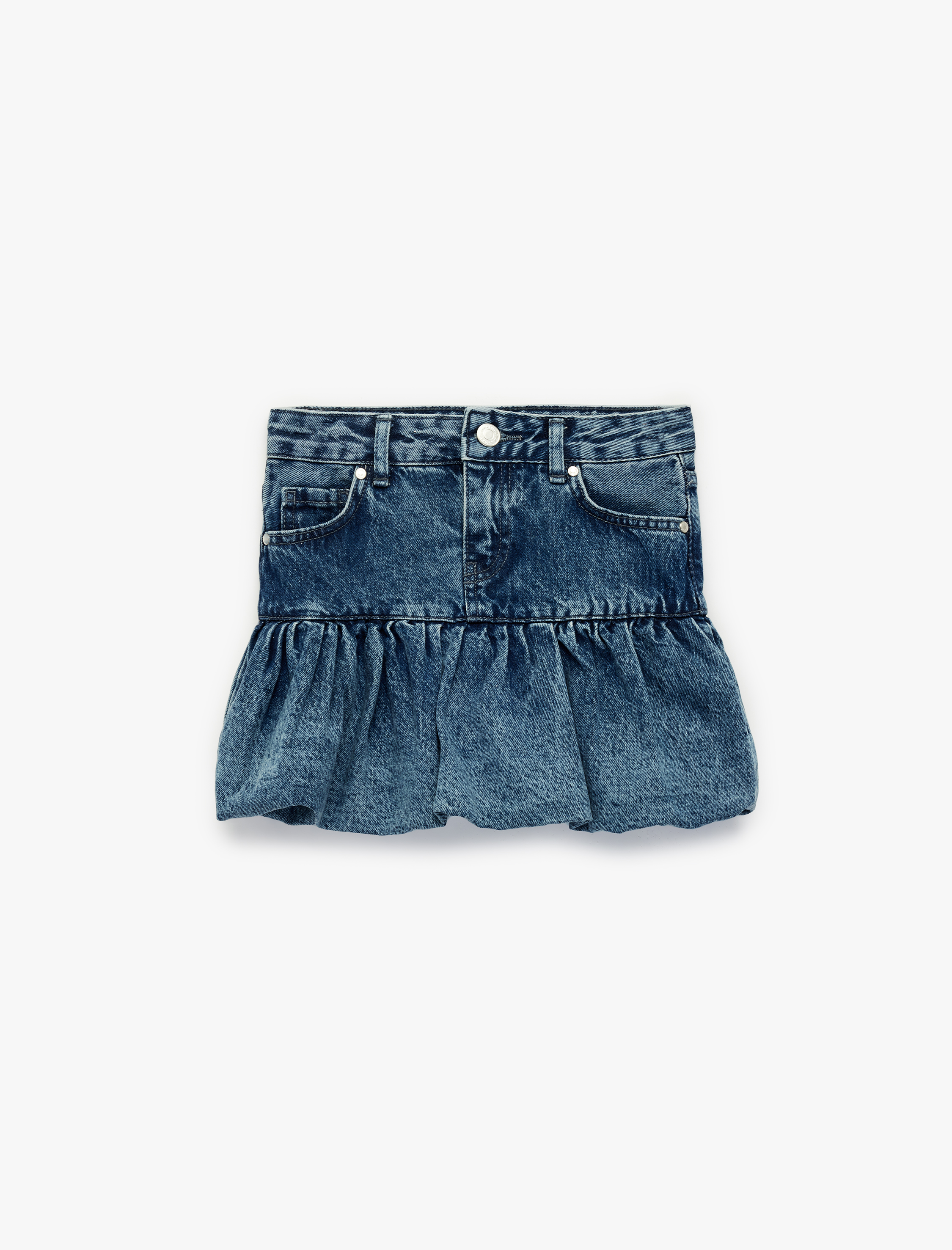  Kız Çocuk Pamuklu Düğmeli Yıpratmalı Cepli Mini Balon Denim Etek