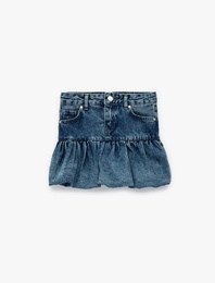 Pamuklu Düğmeli Yıpratmalı Cepli Mini Balon Denim Etek