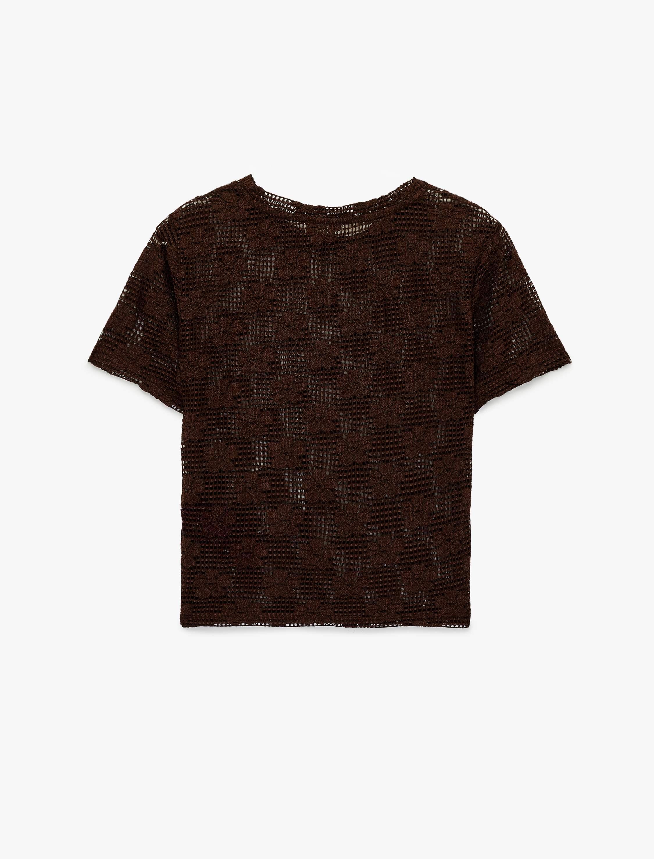   Slim Fit Kısa Kollu Bisiklet Yaka Çiçekli Kroşe Tişört