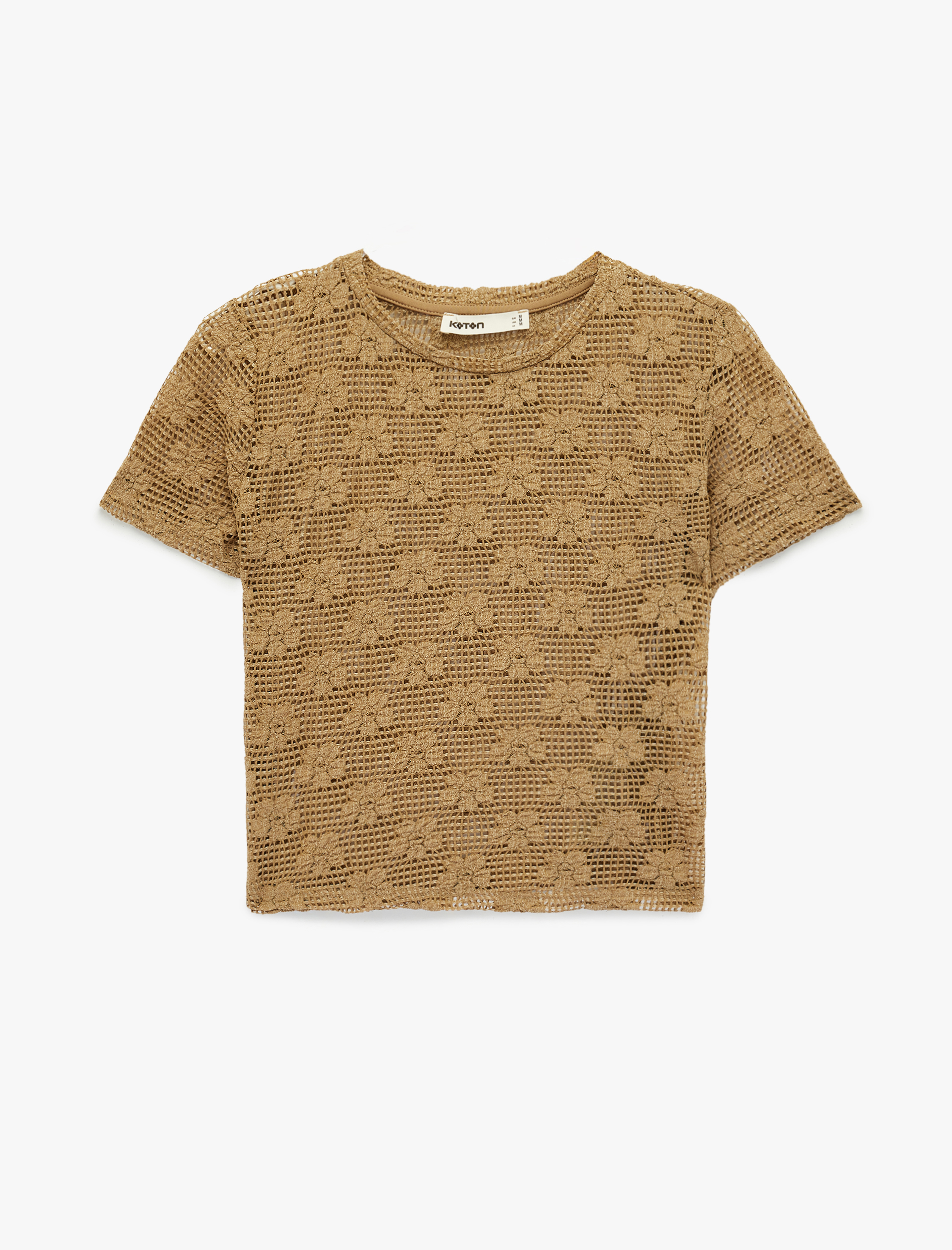   Slim Fit Kısa Kollu Bisiklet Yaka Çiçekli Kroşe Tişört