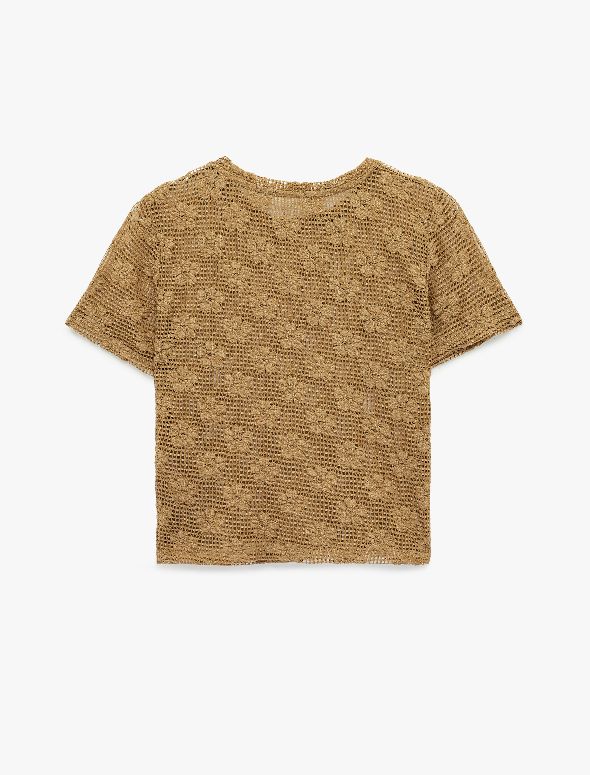   Slim Fit Kısa Kollu Bisiklet Yaka Çiçekli Kroşe Tişört