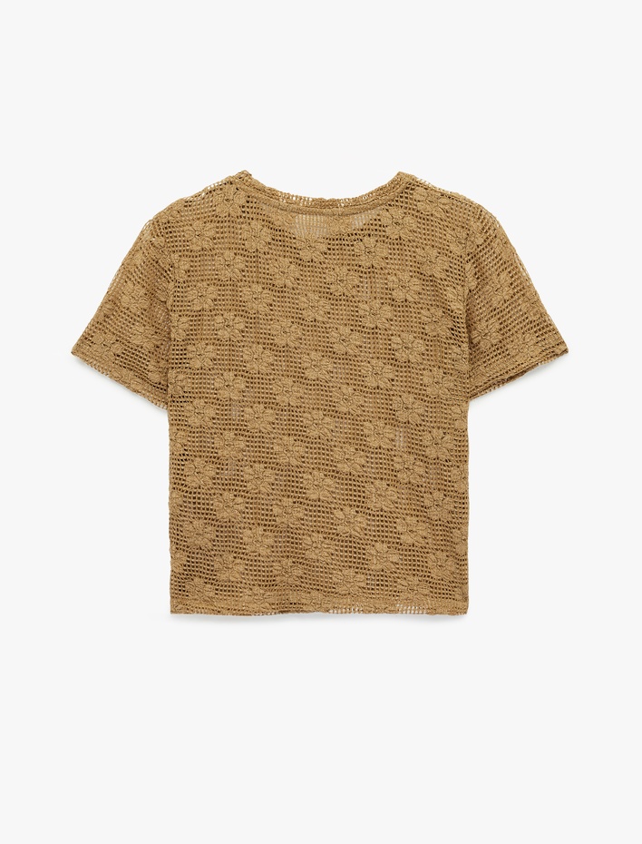  Slim Fit Kısa Kollu Bisiklet Yaka Çiçekli Kroşe Tişört