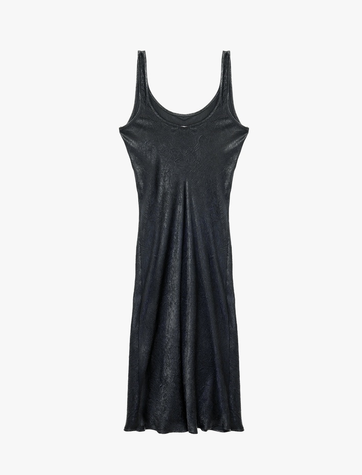  Kolsuz U Yaka Slim Fit Saten Midi Abiye Elbise