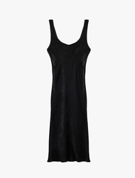 Kolsuz U Yaka Slim Fit Saten Midi Abiye Elbise